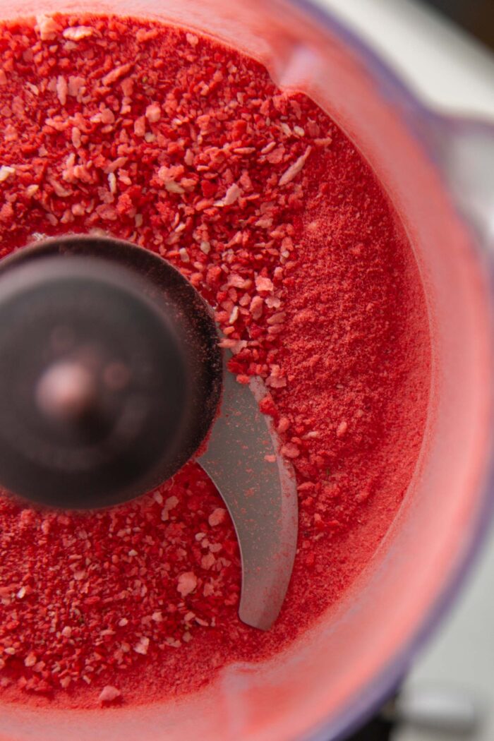 grind freeze dried strawberries in food processor to a fine powder.