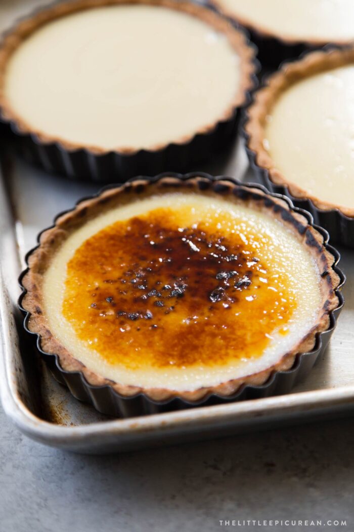 close up of brulee sugar topping on creme brulee tart.