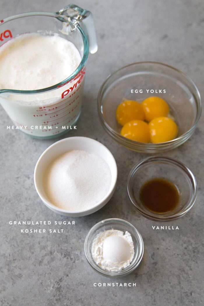 ingredients needed for creme brulee filling laid out on table.ingredients include heavy cream and yolks.