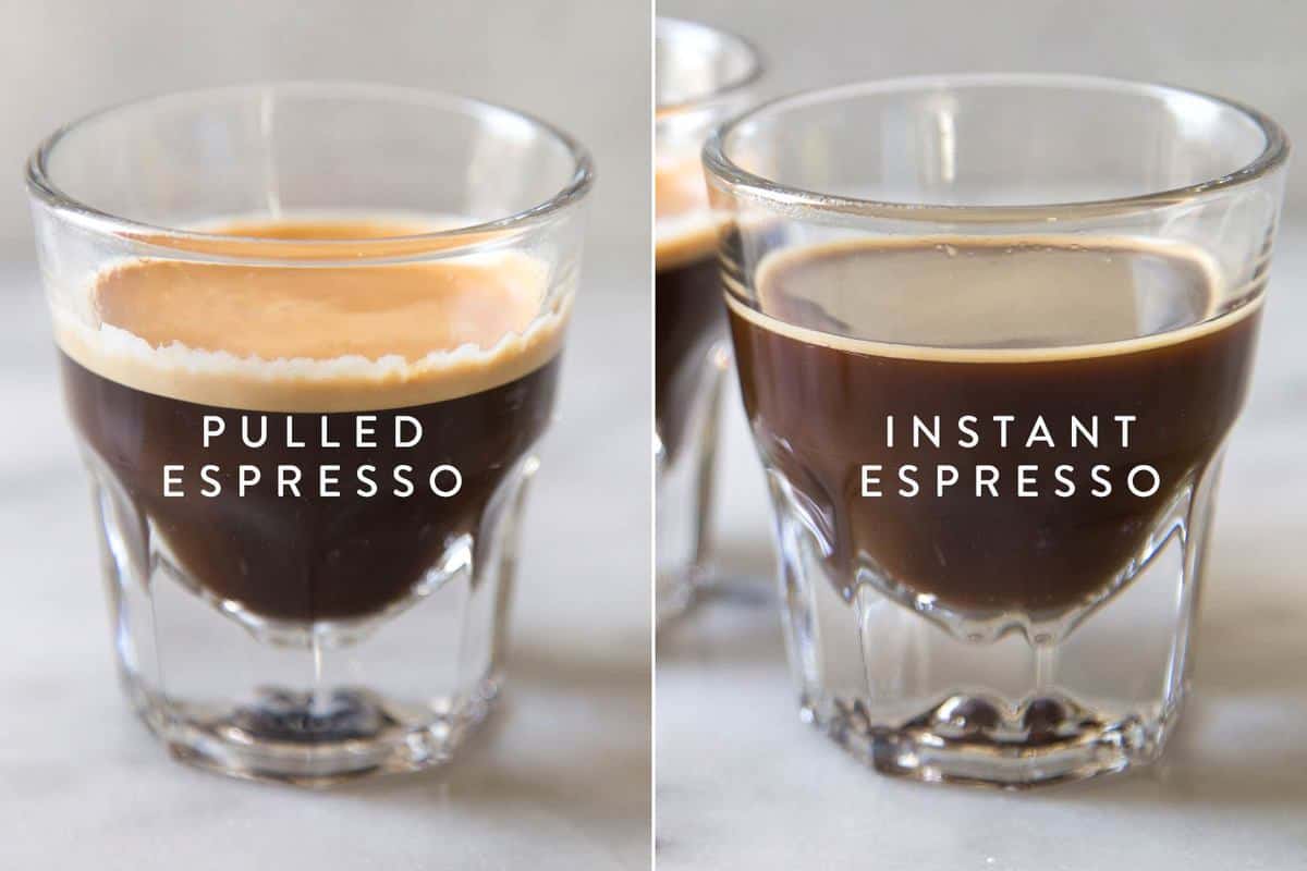 side by side image showing difference between pulled espresso and instant espresso