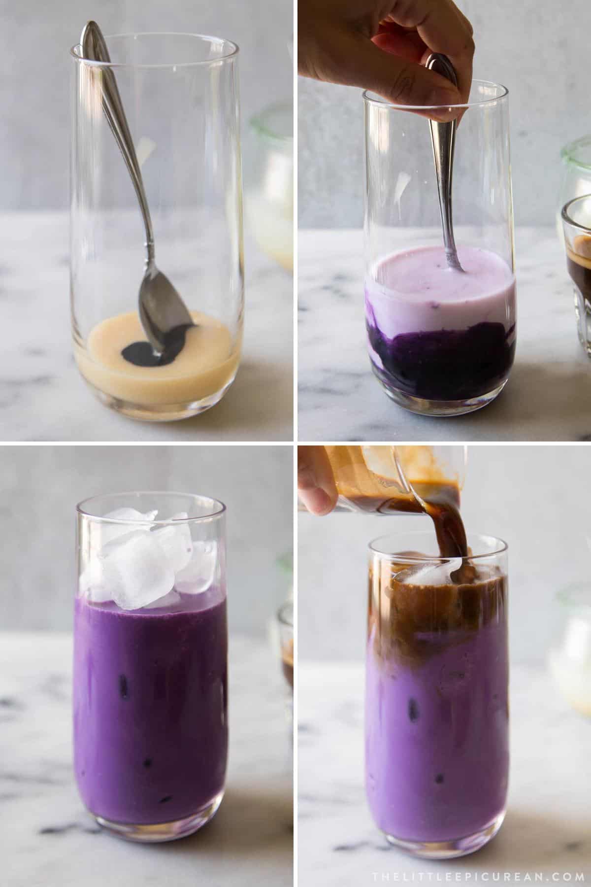 four images showing how to make iced ube latte