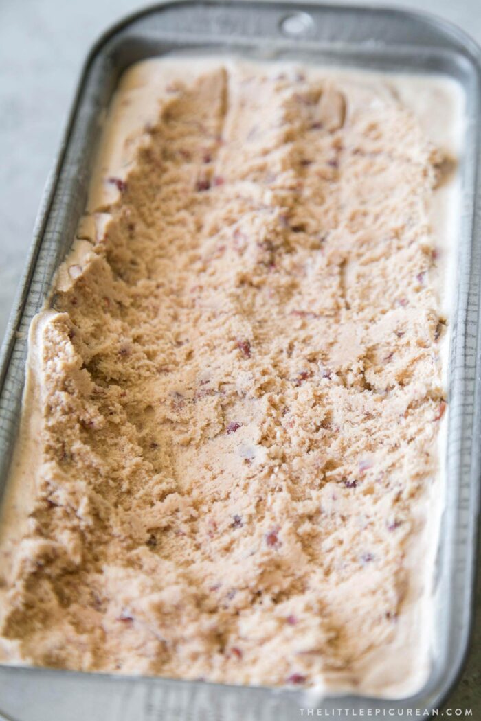 close up of homemade red bean ice cream in loaf pan.