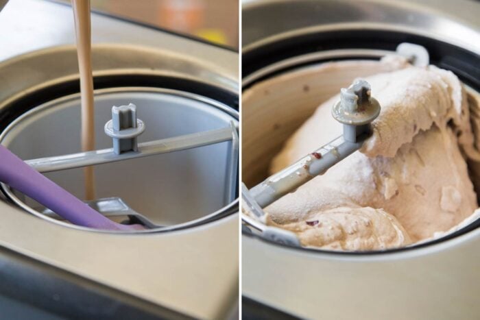 split image showing ice cream base being poured into machine and other image with freshly churned ice cream.