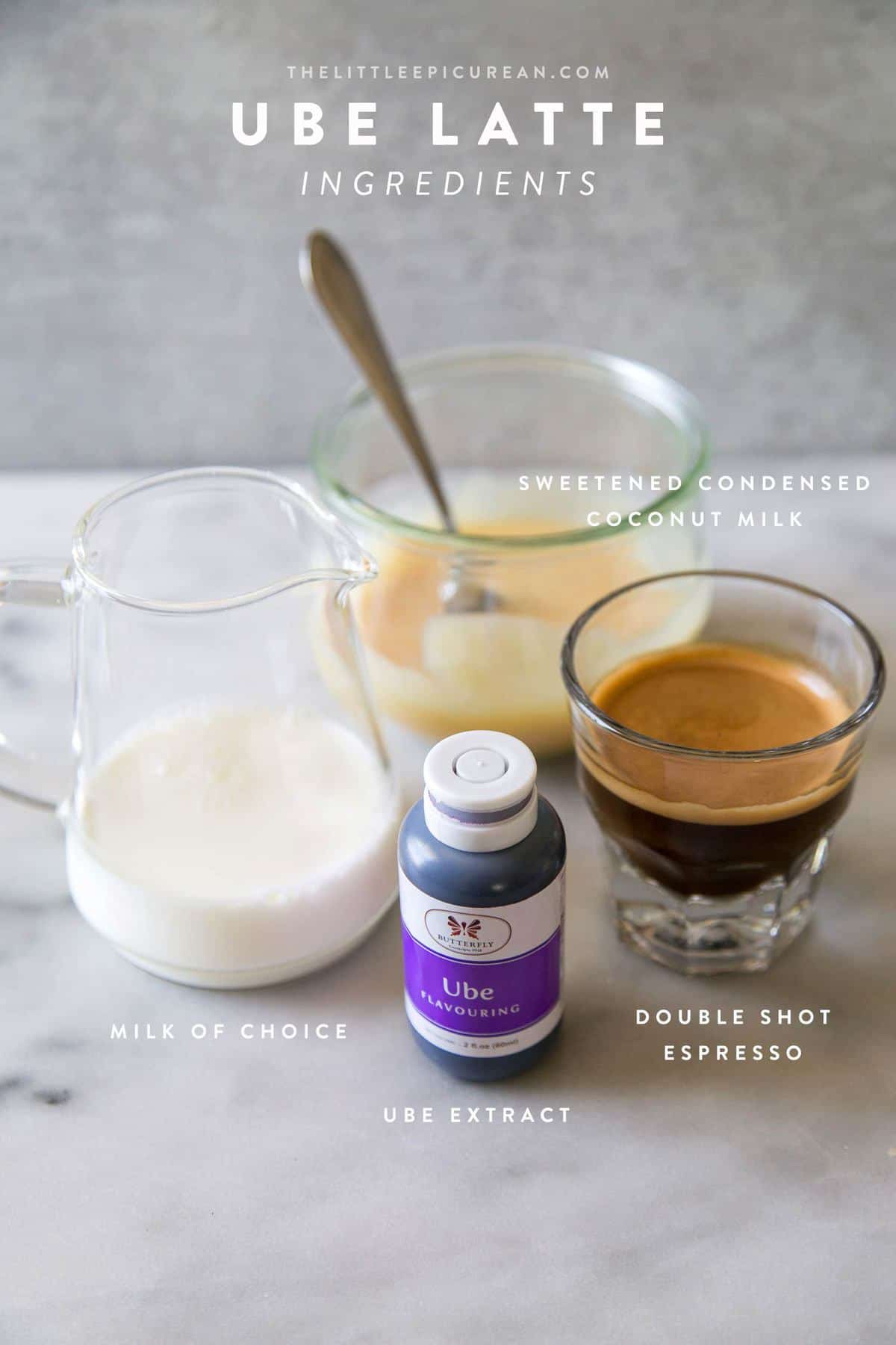 image of four ingredients needed to make ube latte including milk, sweetened condensed milk, ube extract, and espresso.