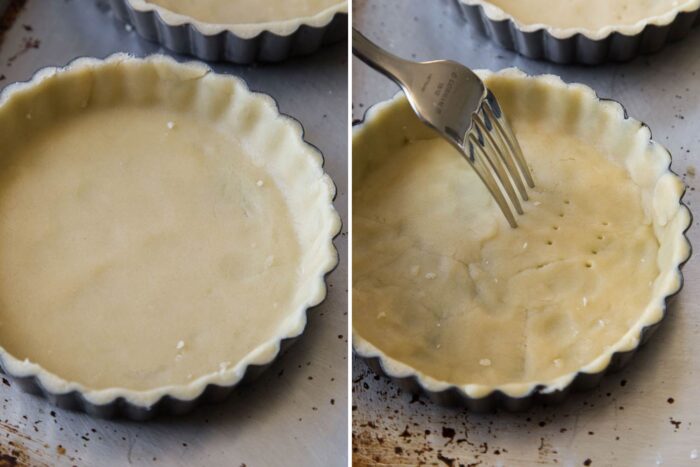 side by side image showing mini tart shell lined with dough and dough being docked with fork. 