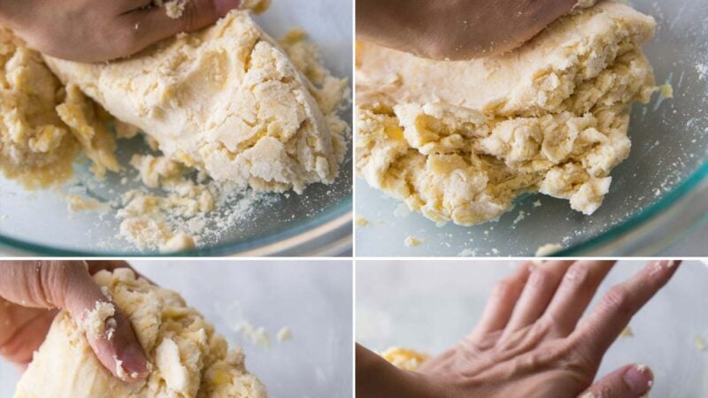 step by step how to knead together pie dough.