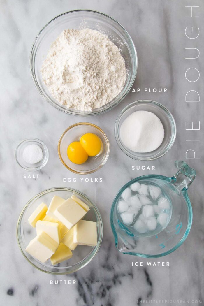 portioned out ingredients to make flaky pie dough.