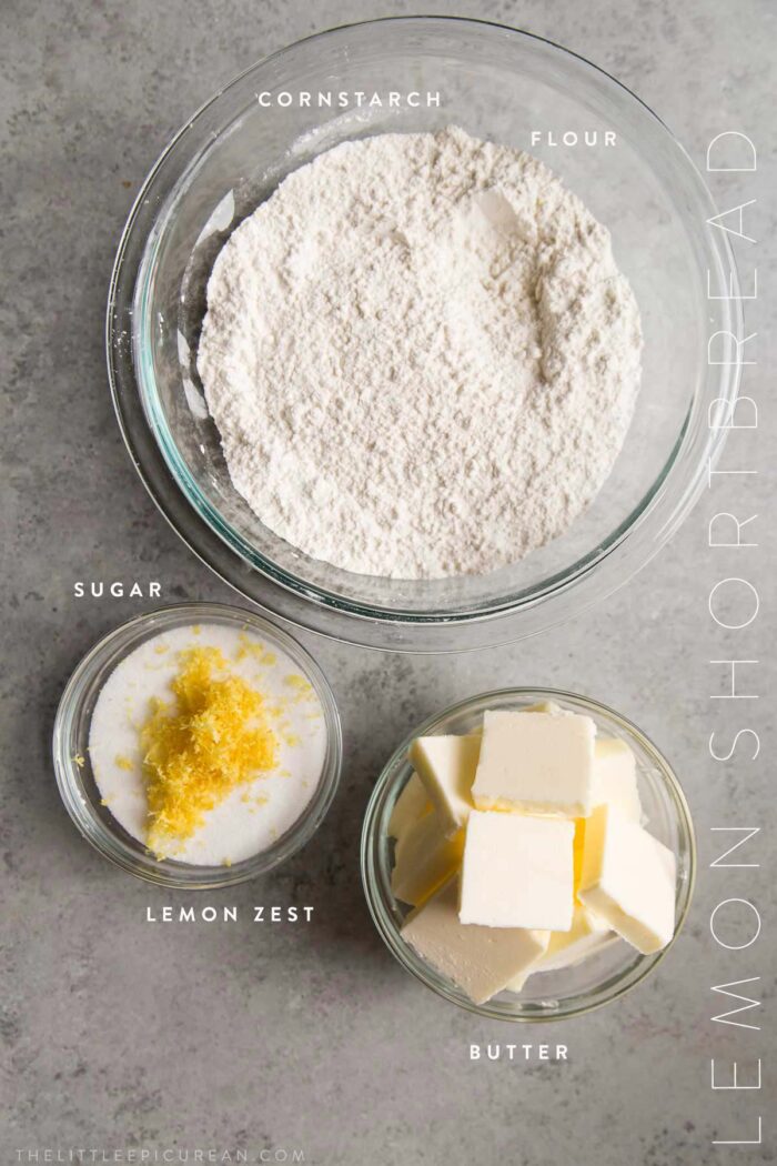 lemon shortbread cookie ingredients include flour, butter, sugar, and lemon zest.