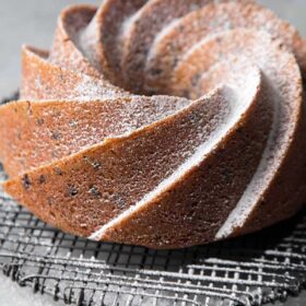 powdered sugar dusted chocolate chip bundt cake.