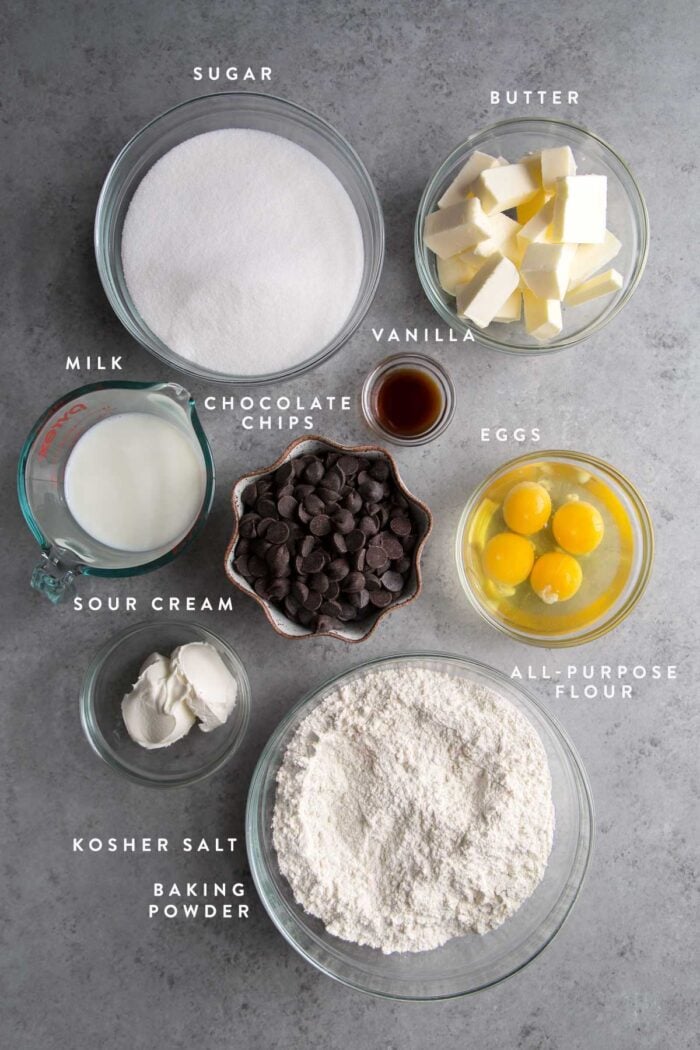 overhead of ingredients for chocolate chip bundt cake. 