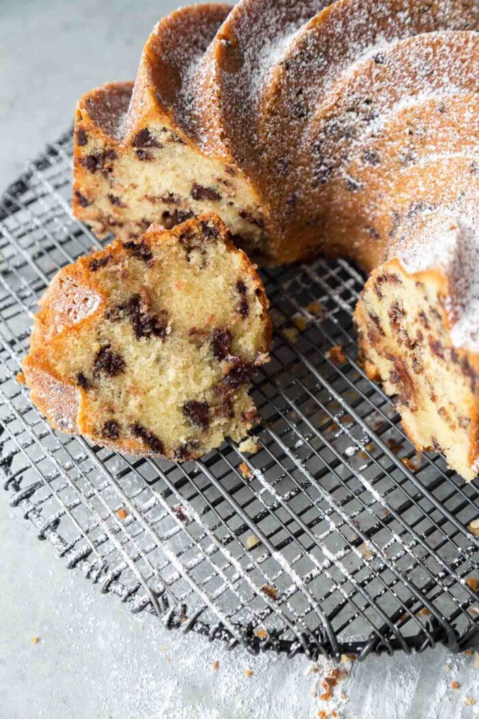 slice of chocolate chip bundt cake.