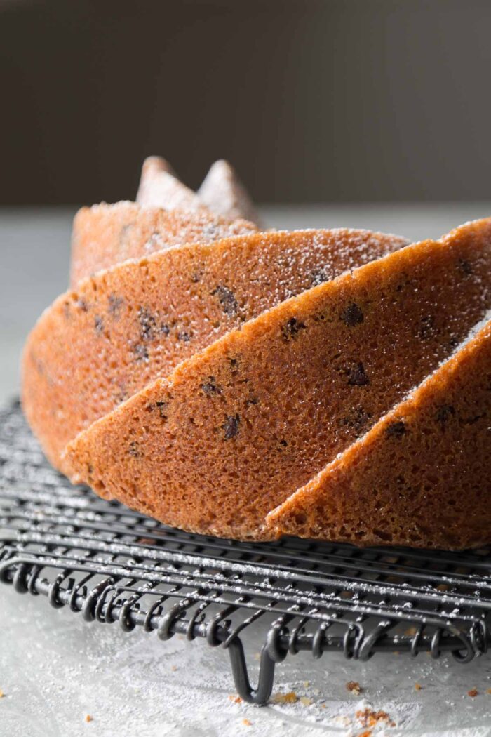 close up of butter crusted bundt cake exterior.