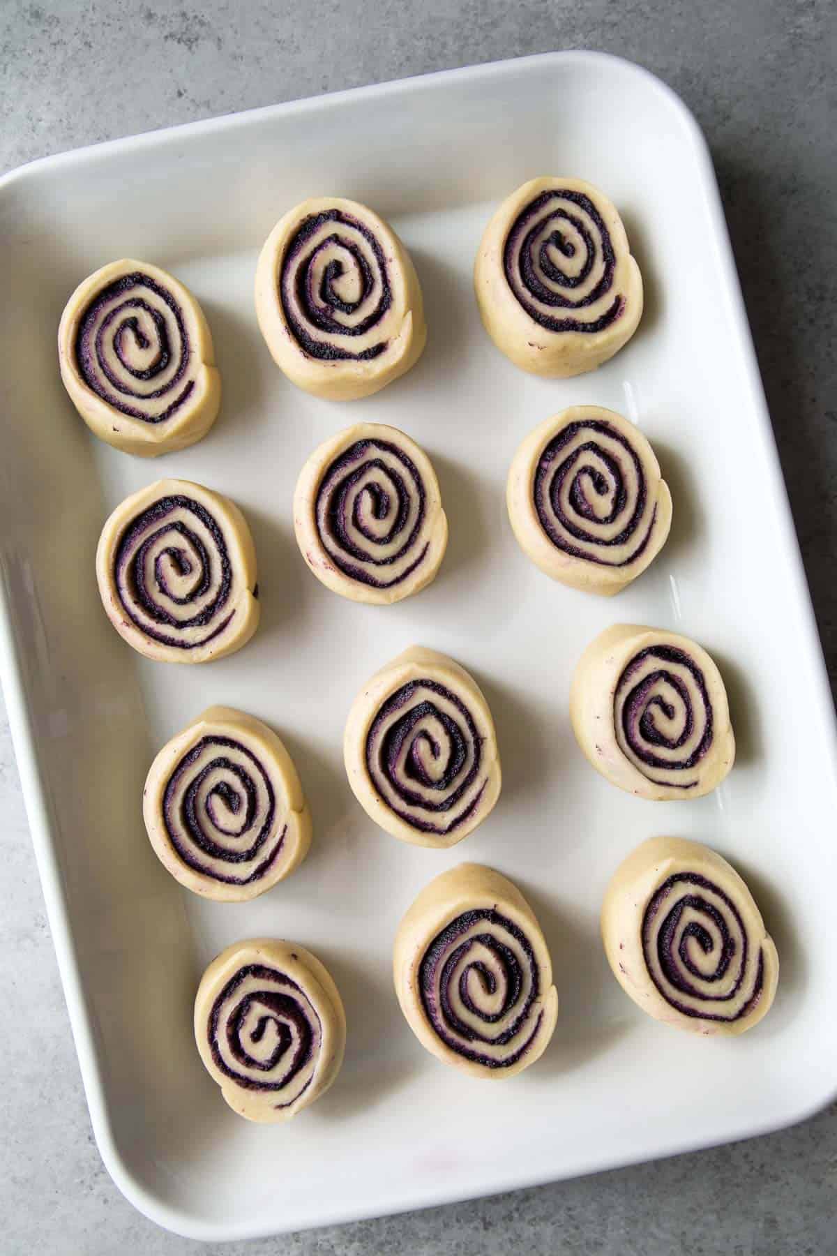 ube bread rolls before proofing.