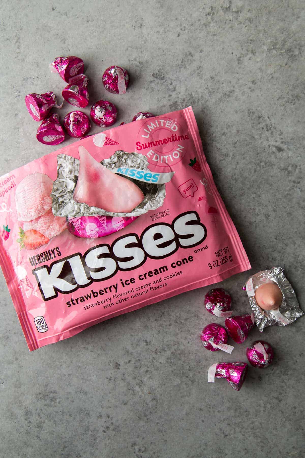 open bag of hershey's kisses strawberry ice cream cone flavor.