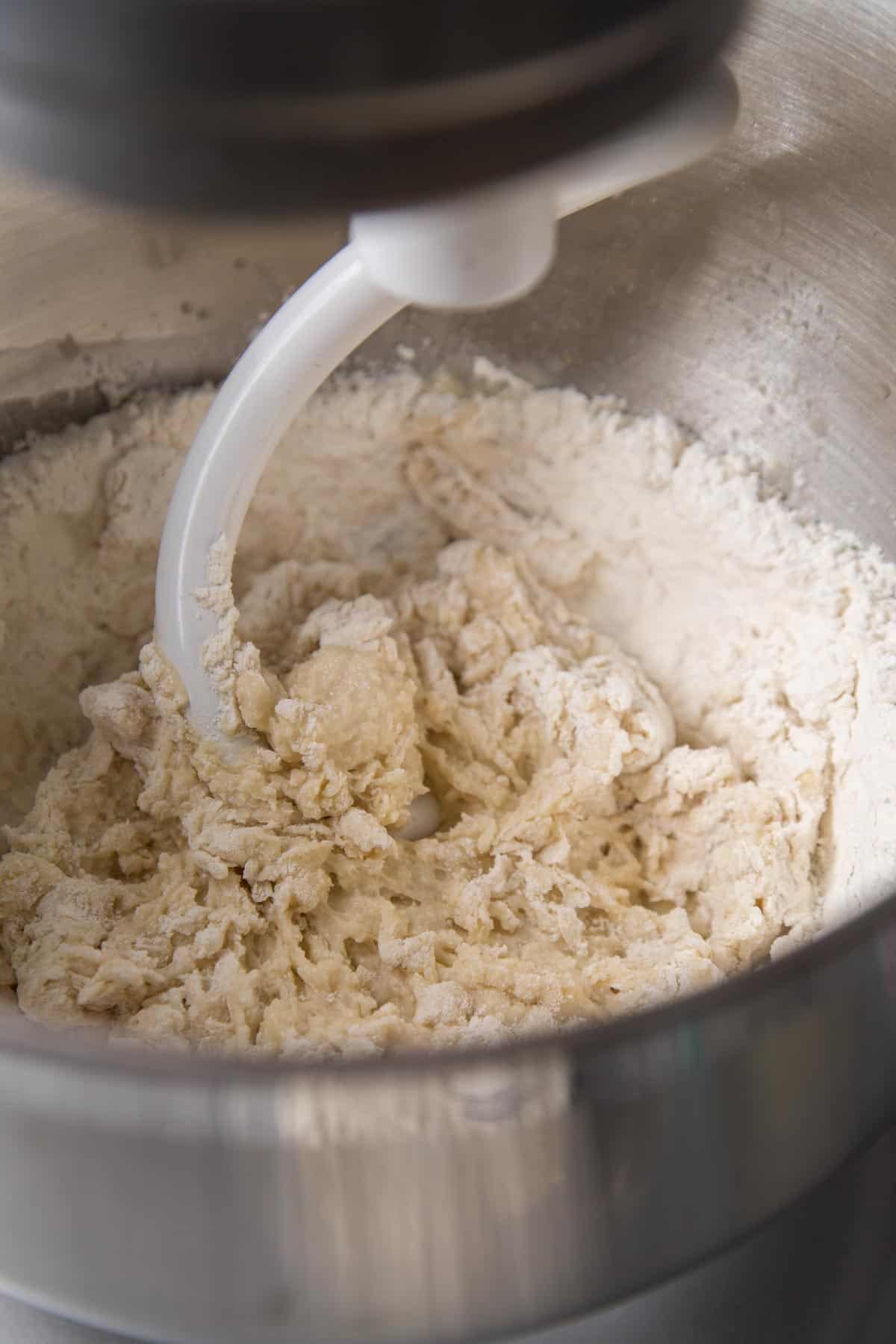 yeast dough mixed together using dough hook in stand mixer.