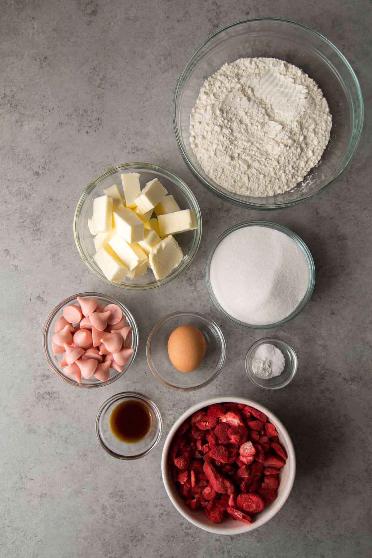 overhead shot of strawberry sugar cookies ingredients.