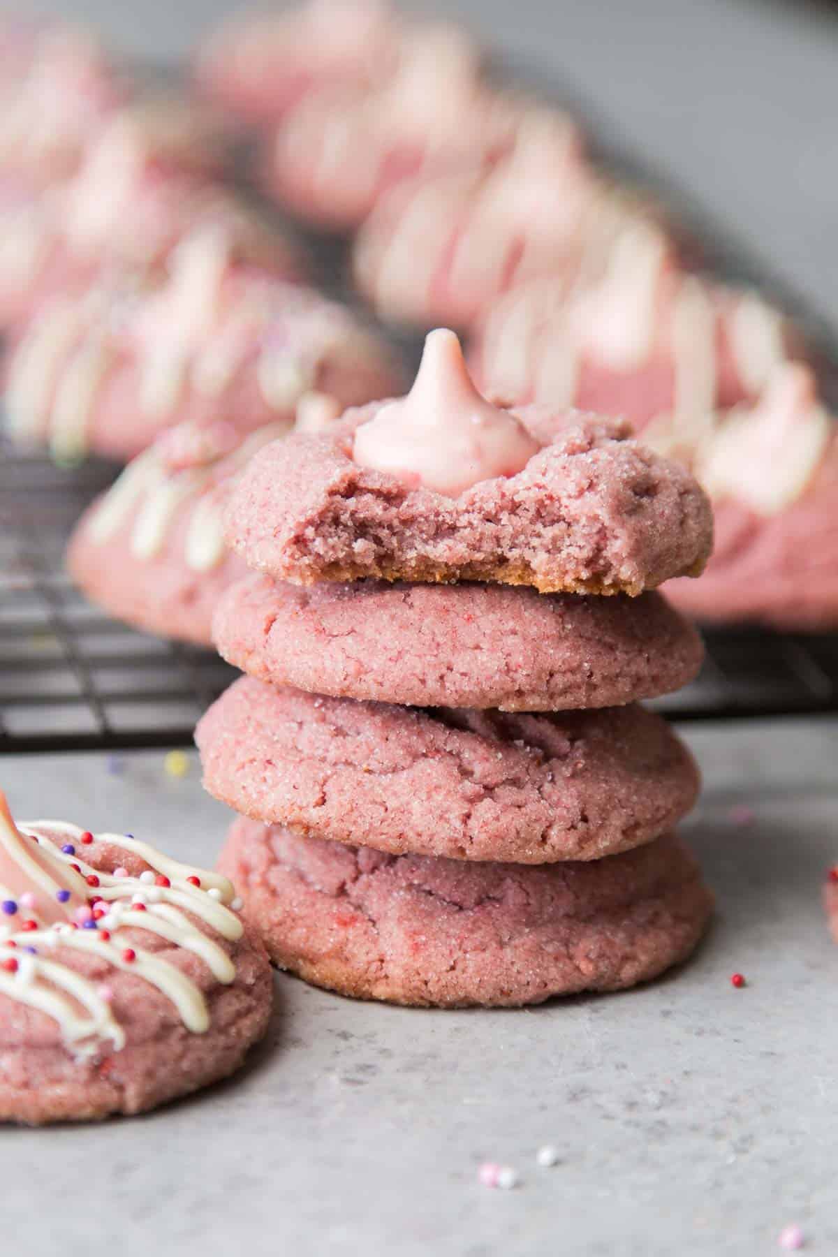 close up interior shot of strawberry kiss cookies.