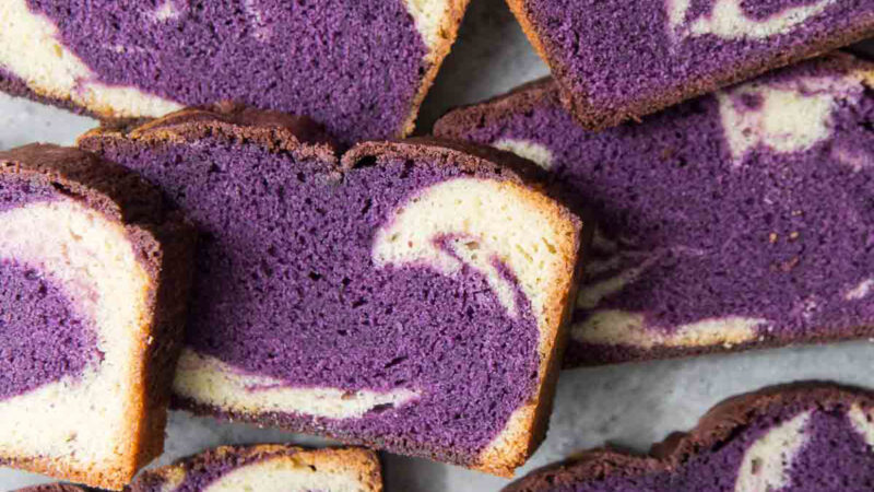 slices of ube pound cake overhead.