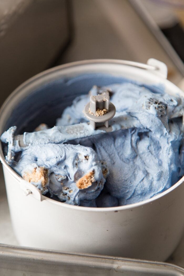 fresh churned blue cookie monster ice cream studded with chopped cookies. 