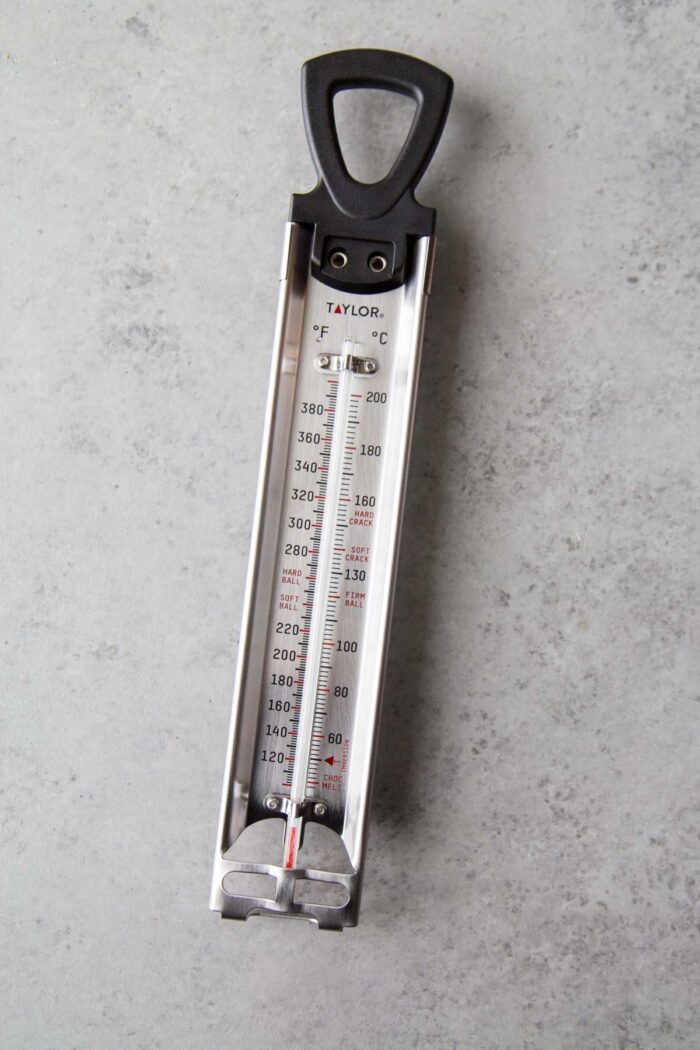 standard candy thermometer used for cooking sugars and heating up fry oil.
