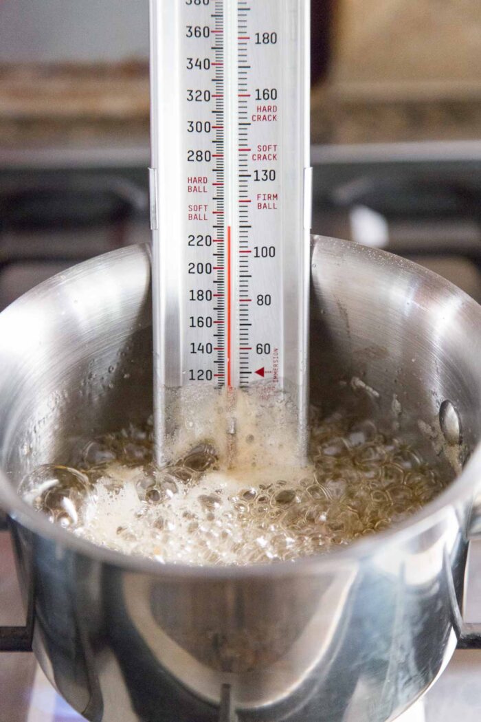 using candy thermometer for heating sugar for marshmallows.