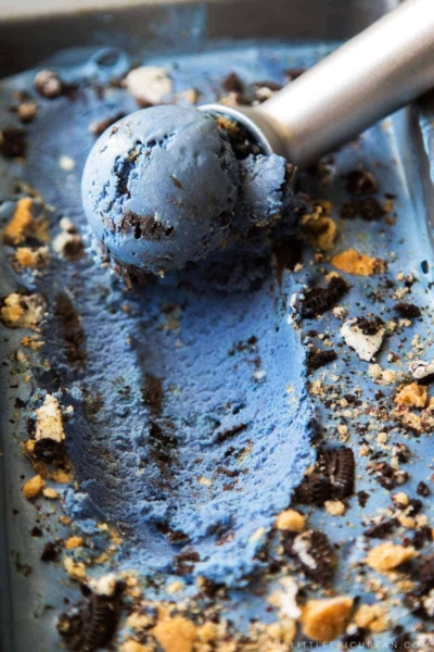 naturally blue colored vanilla ice cream studded with chopped cookie bits.