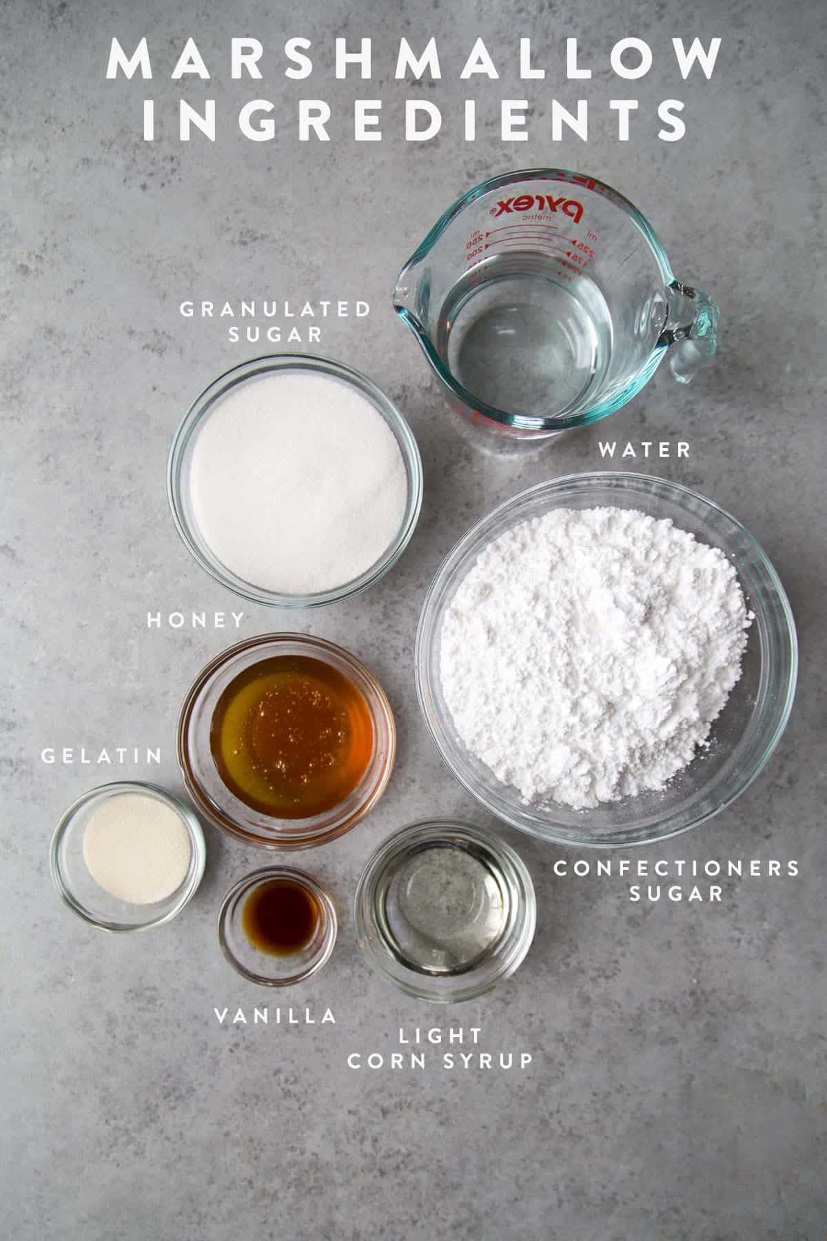ingredients needed to make homemade marshmallows include gelatin, honey, and corn syrup.