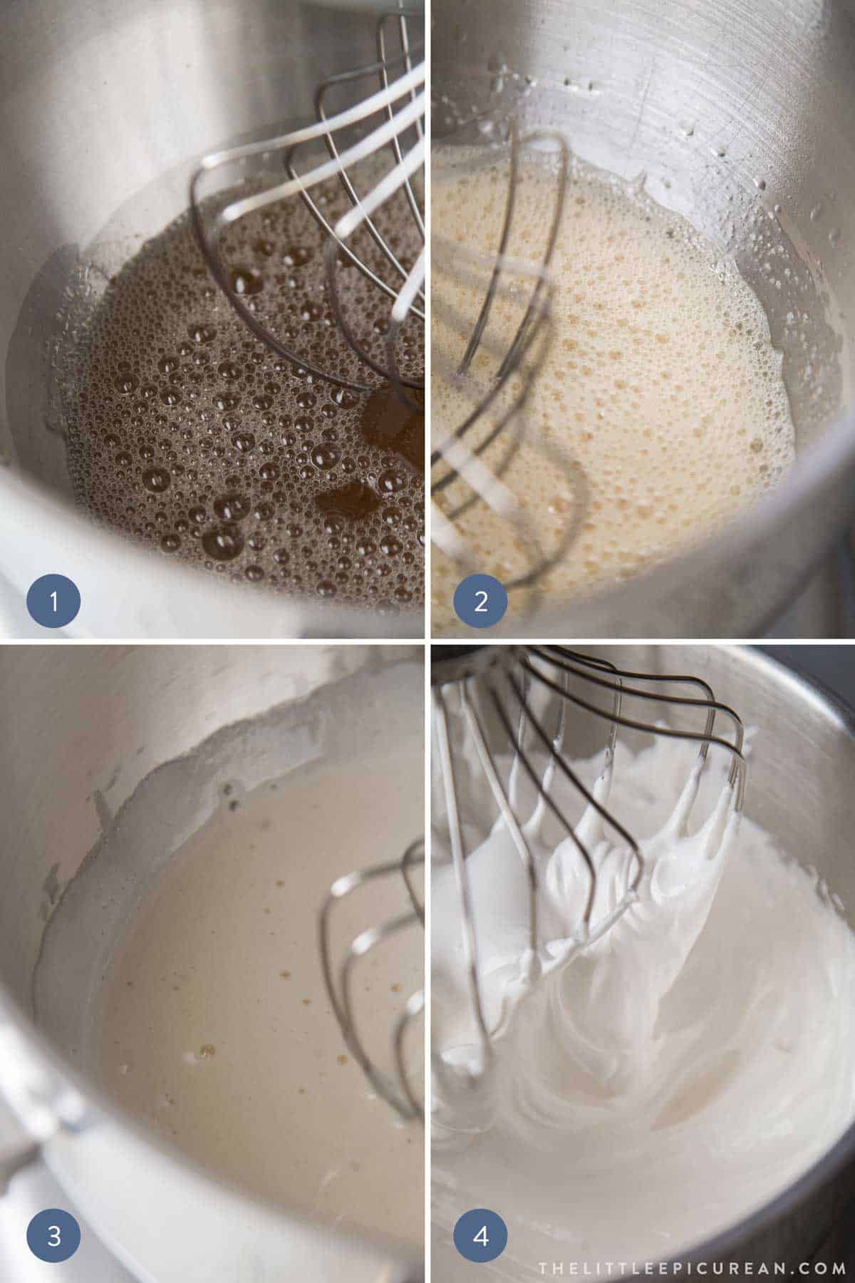 four stages of whipping sugar syrup to make homemade marshmallows.