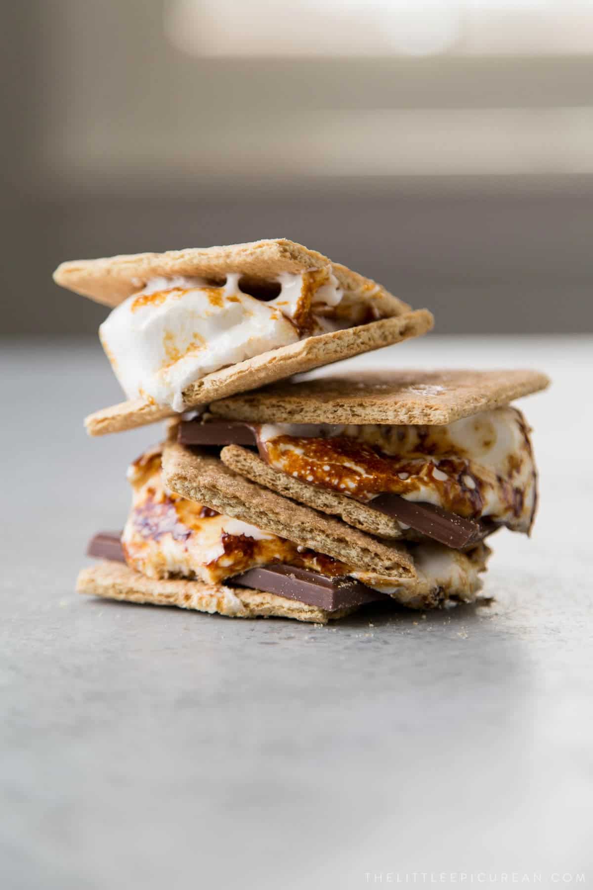 a stack of s'mores made with homemade marshmallows. 
