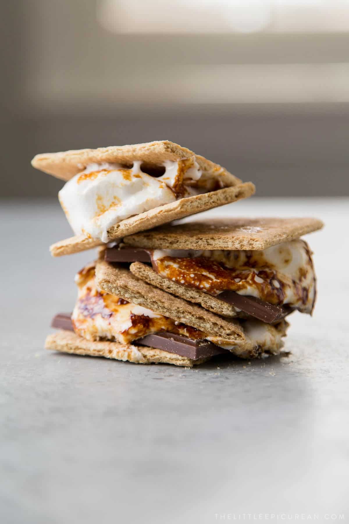 a stack of s'mores made with homemade marshmallows.
