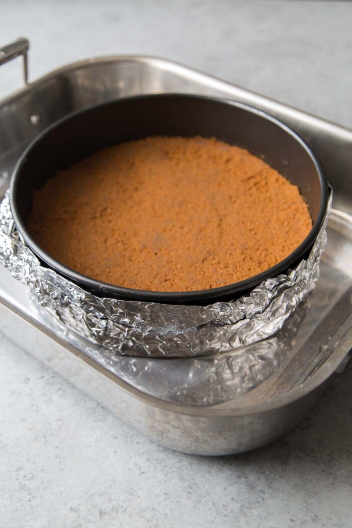 wrap springform pan in foil before placing in waterbath for oven.