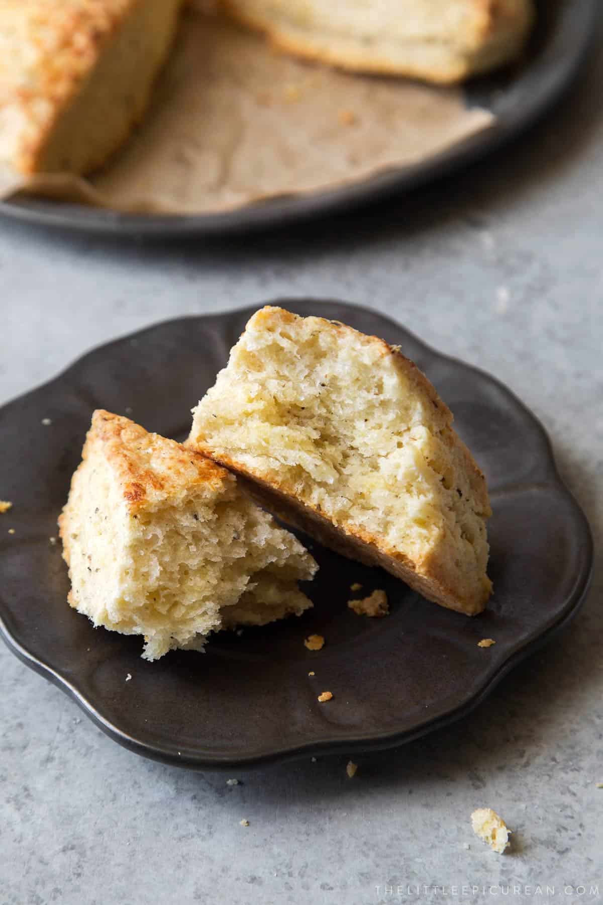 interior of flakey savory cheese scones.