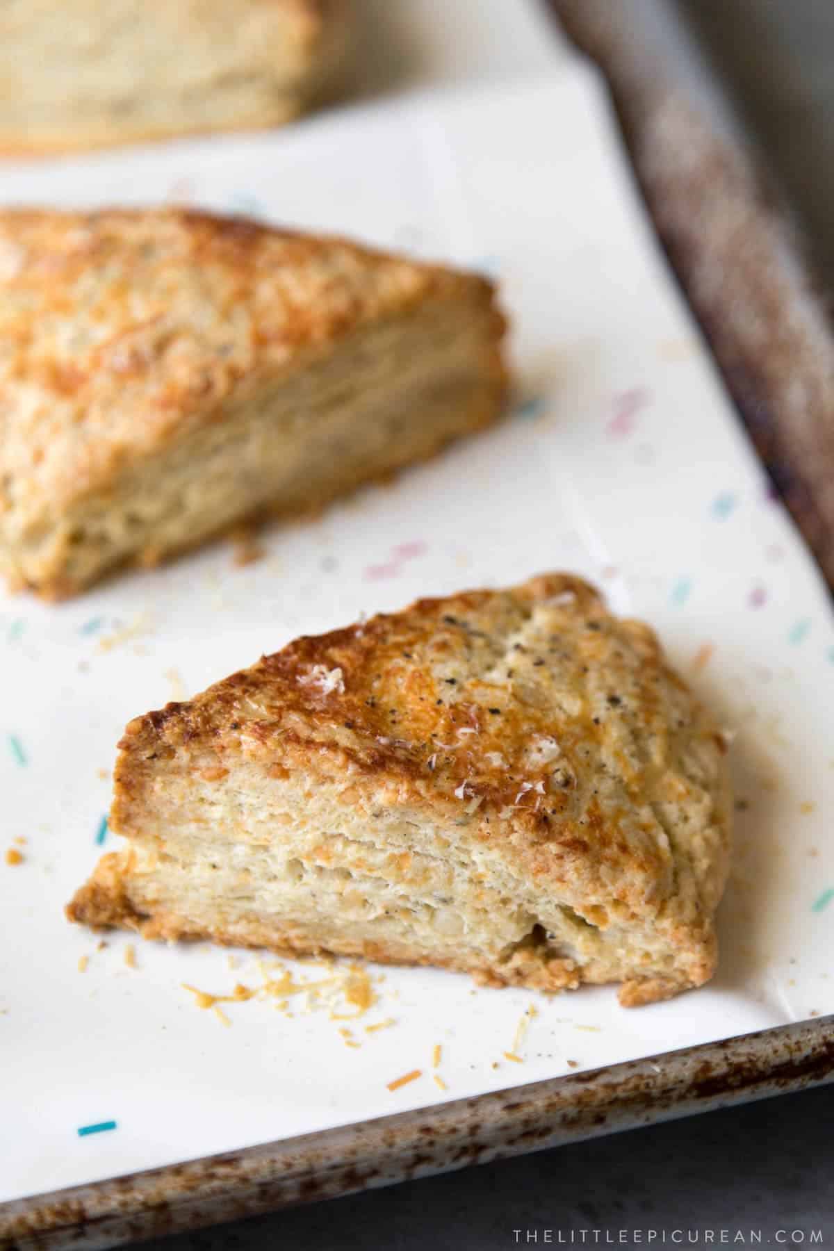 close up of flakey savory cheese scones.