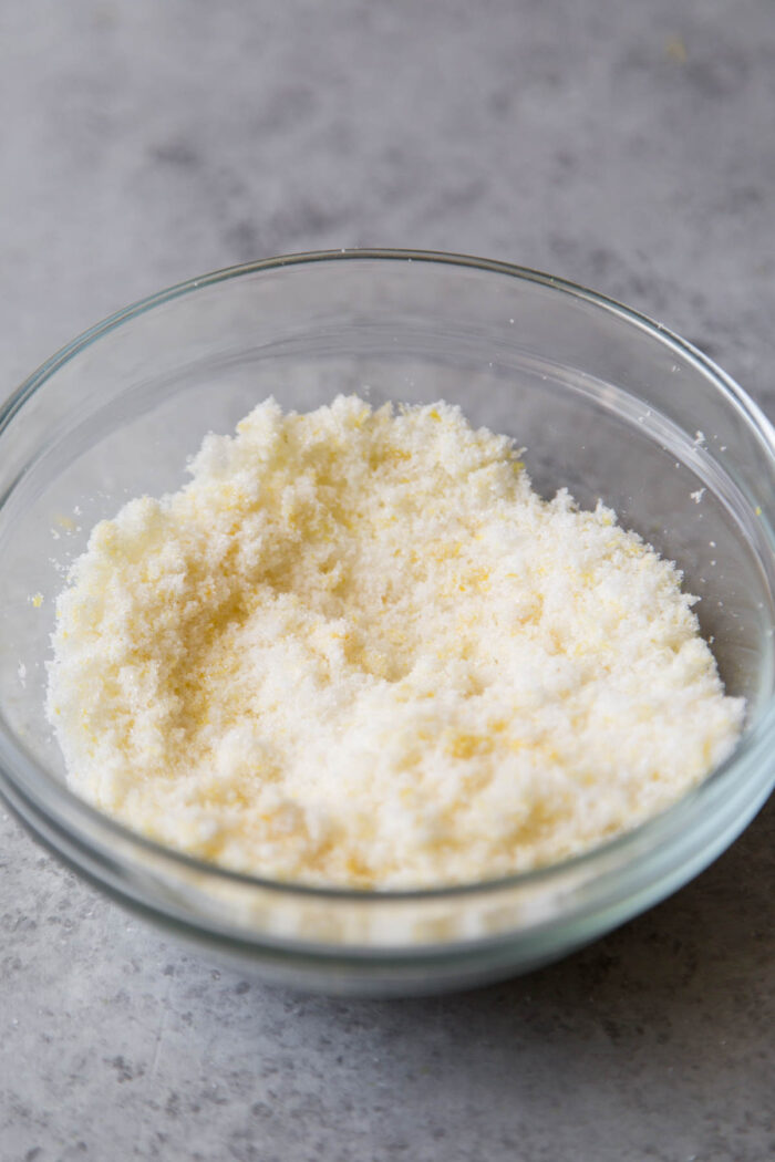 lemon sugar in a glass bowl.