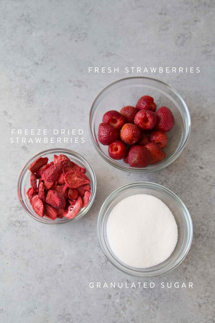 ingredients needed to make fresh strawberry sauce include freeze dried strawberries and sugar.