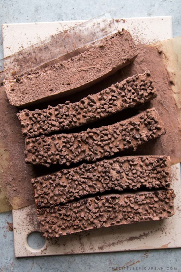 slice chocolate marshmallows and coat generously with cocoa sugar mixture to prevent sticking.