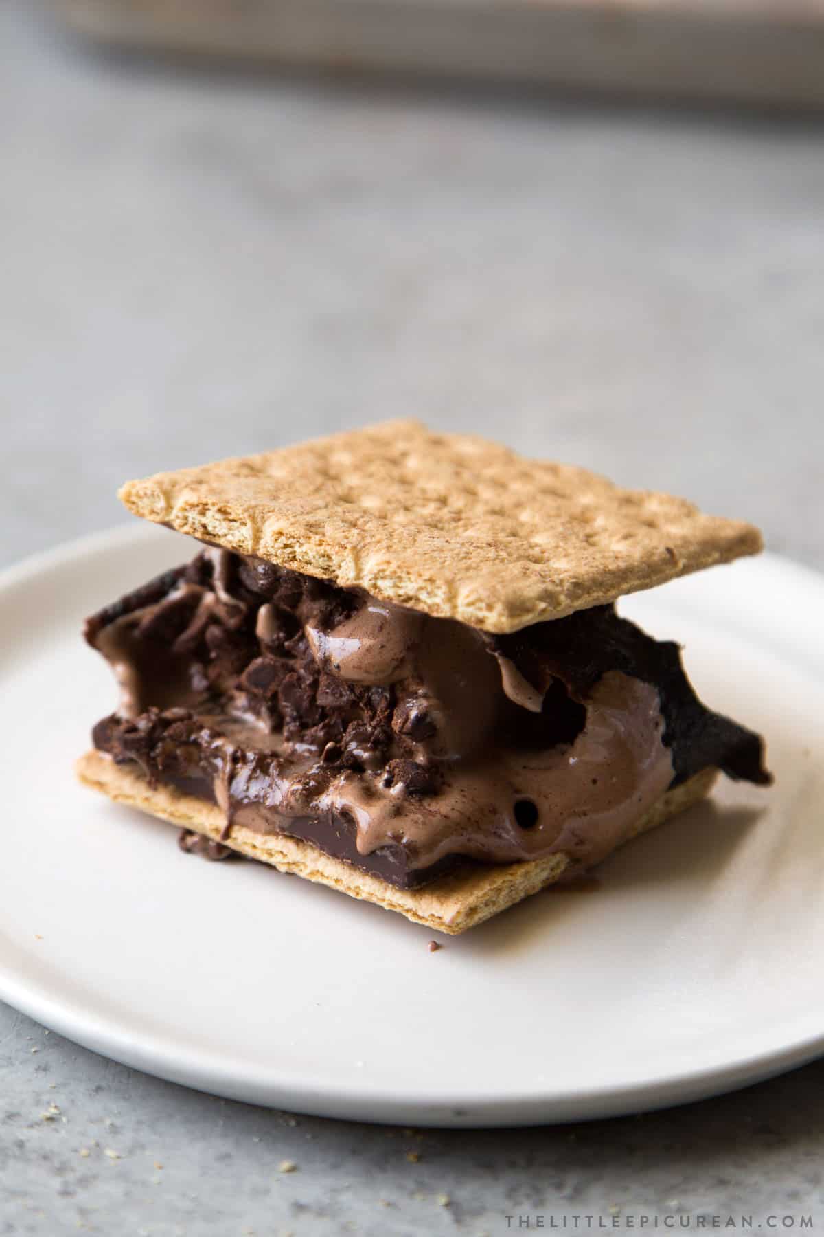 chocolate s'mores featuring homemade chocolate marshmallow and Ghirardelli dark chocolate mint square.