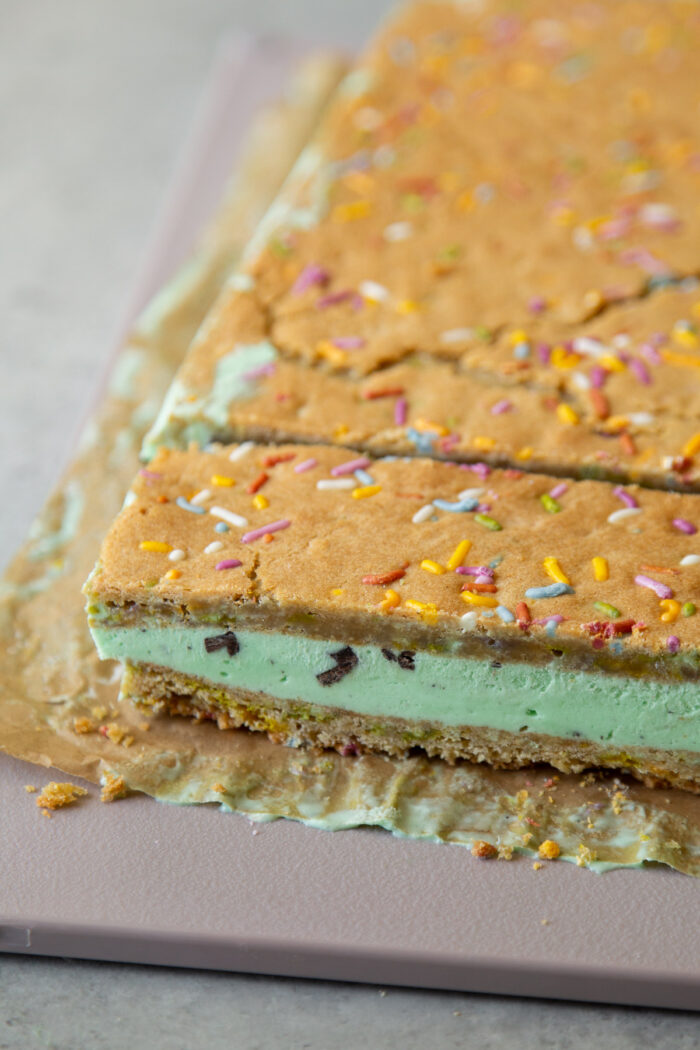 mint chocolate chip ice cream sandwiched with confetti sugar cookie.