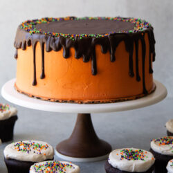 chocolate pumpkin layer cake with chocolate drizzle surrounded by chocolate pumpkin cupcakes