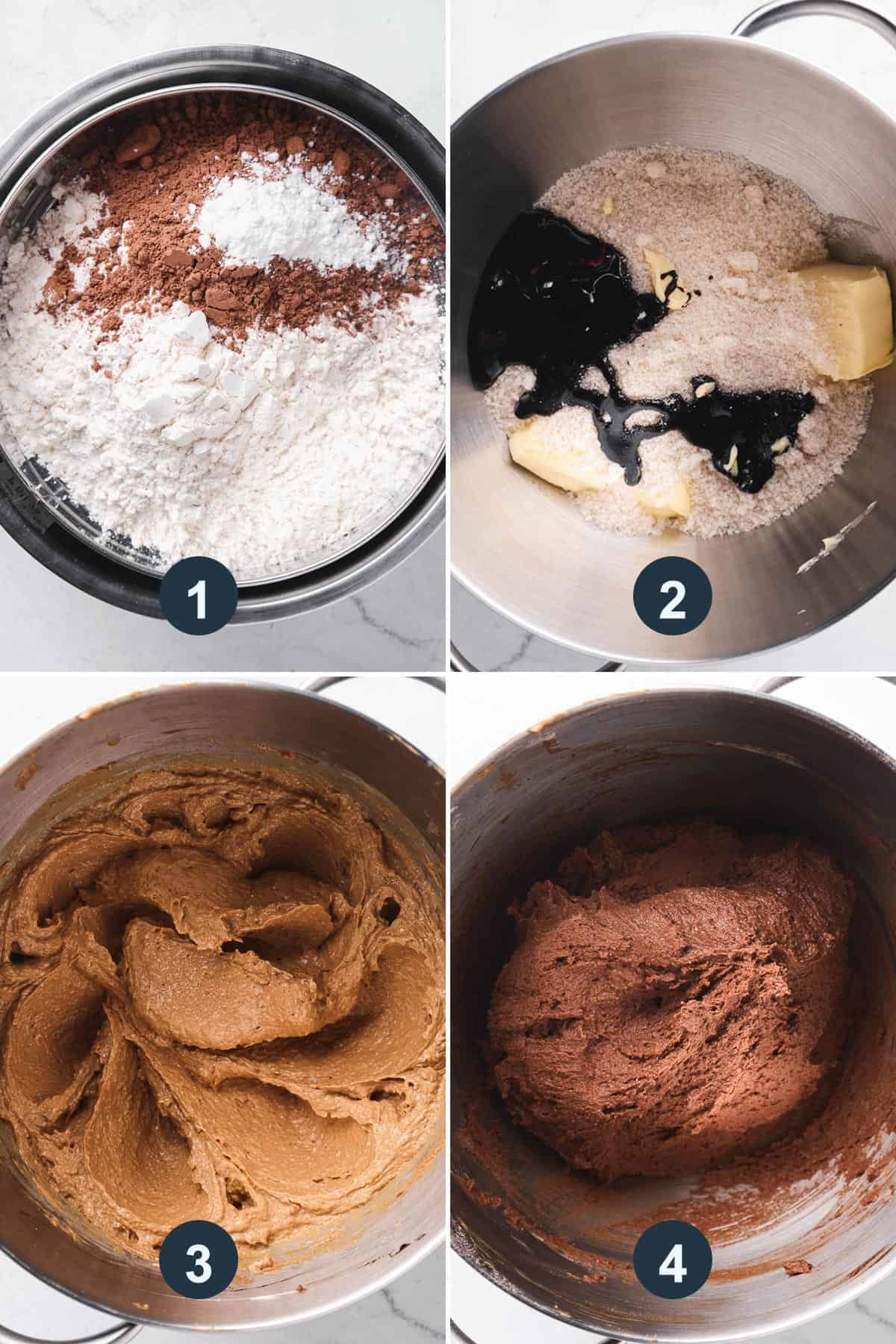 four steps how to mix together chewy chocolate sugar cookie dough using stand mixer.