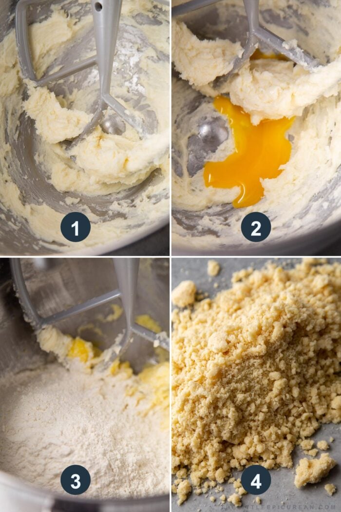 four steps showing how to make pate sucree tart dough in a stand mixer.
