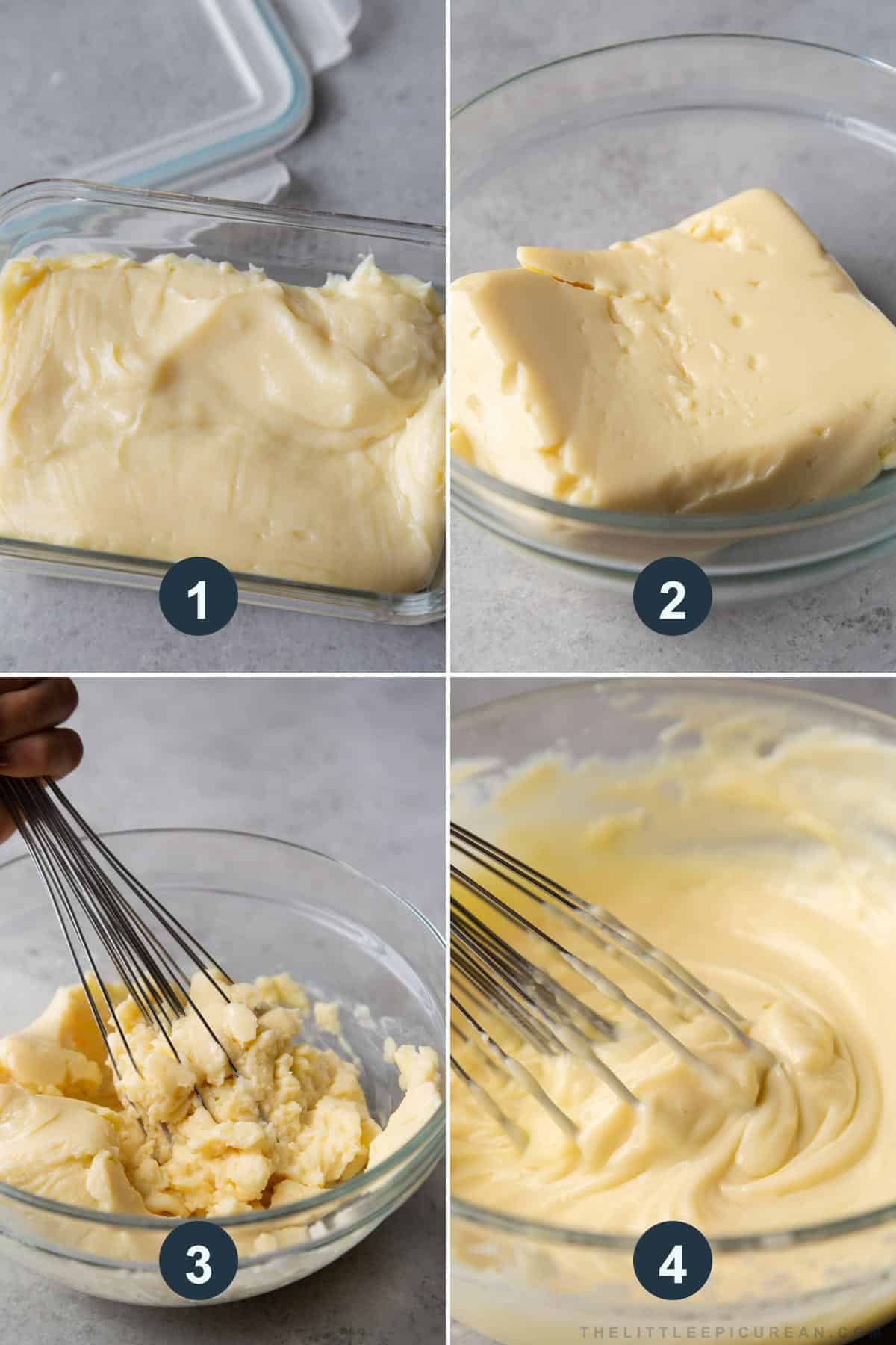 four steps how to revive chilled pastry cream using a whisk or hand mixer.