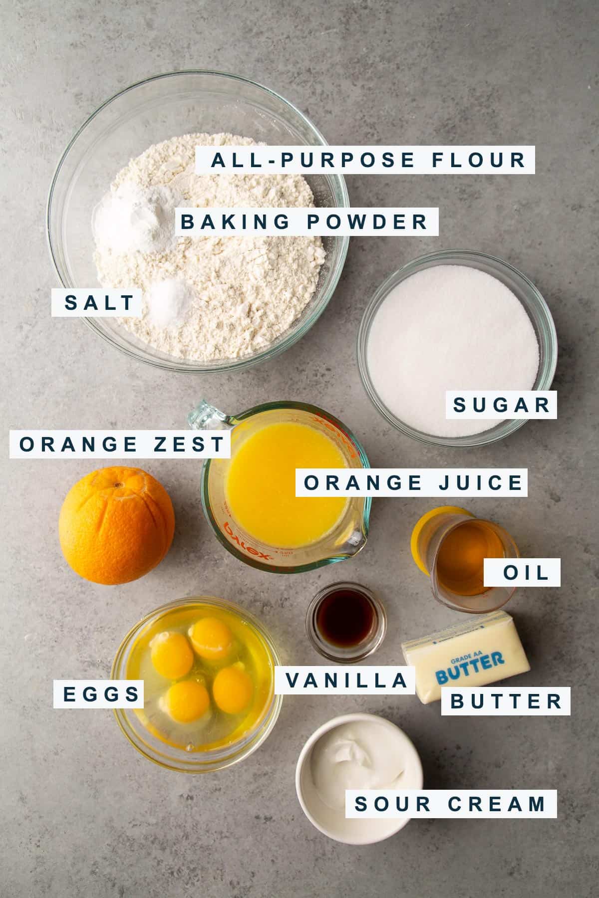 orange cake ingredients include flour, orange juice, eggs, butter, and oil.
