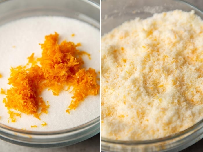 two images: orange zest on top of granulated sugar and orange zest rubbed into sugar.
