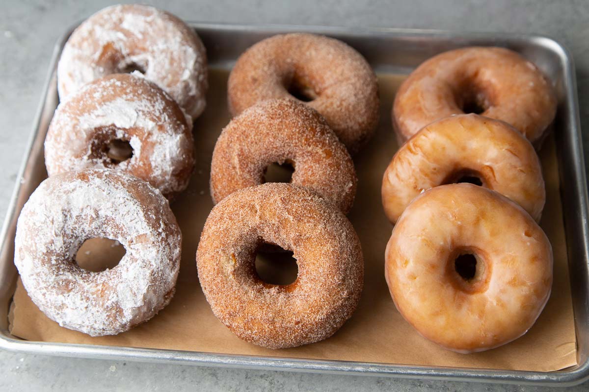 variations of buttermilk doughnuts include powdered sugar, cinnamon sugar, and glazed version.