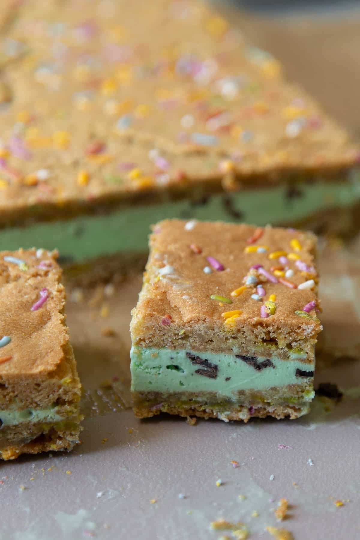 mint chocolate chip ice cream sandwiched with confetti sugar cookie.