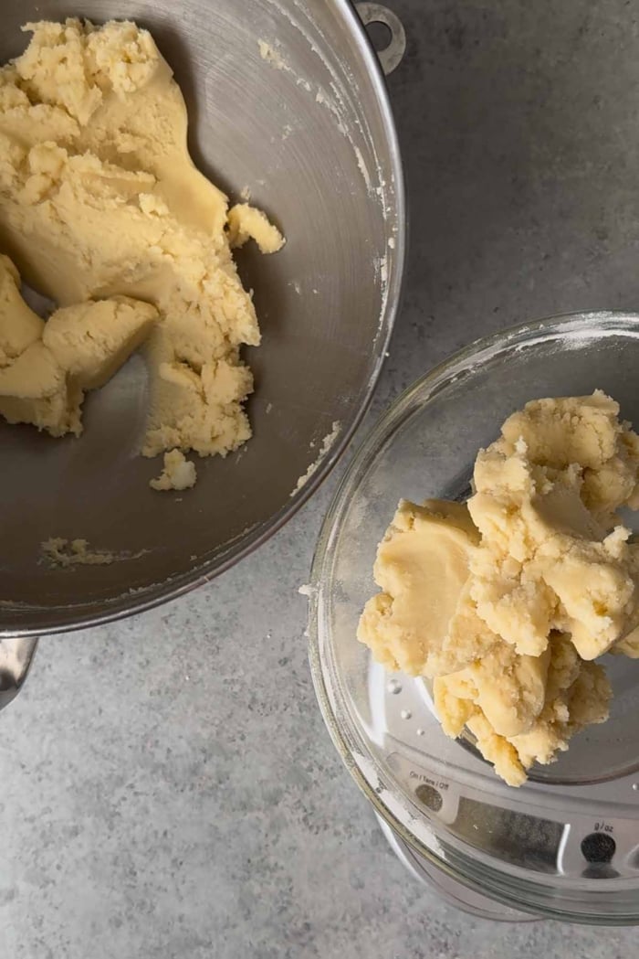 divide dough into two portions.