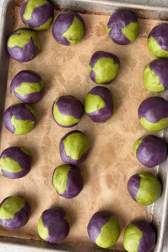 rolled matcha and ube sugar dough before baking.