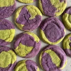 matcha ube marble sugar cookies arranged in one layer.
