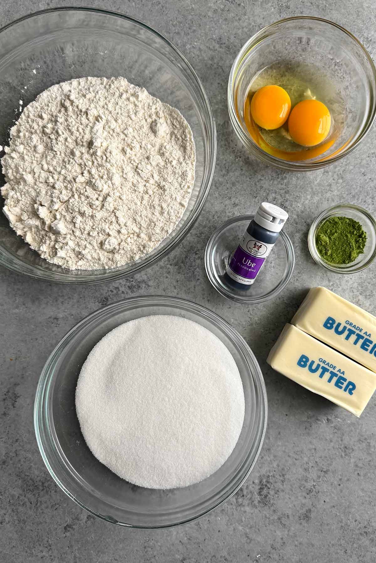 ingredients include flour, eggs, sugar, butter, ube extract, and matcha powder.
